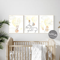 Nursery decor girl yellow, yellow nursery print, nursery wall art animals, hot air balloon nursery art, elephant, giraffe, bear, bunny print