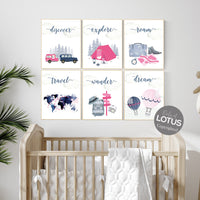 Travel nursery print, Explore nursery wall art, camp nursery, Adventure Set of 6 prints, Camping Prints, navy and pink, woodland nursery