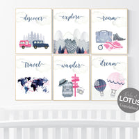 Travel nursery print, Explore nursery wall art, camp nursery, Adventure Set of 6 prints, Camping Prints, navy and pink, woodland nursery
