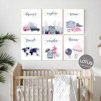 Travel nursery print, Explore nursery wall art, camp nursery, Adventure Set of 6 prints, Camping Prints, navy and pink, woodland nursery