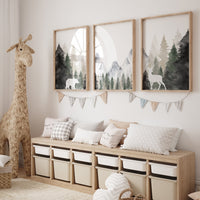 Nursery decor mountain, nursery wall art, tree nursery decor, adventure theme nursery, forest, sage green, beige, woodland animals