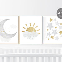 Nursery wall art grey, gray gold nursery, rainbow nursery, nursery decor neutral, baby room decor gender neutral, moon and stars, grey gold
