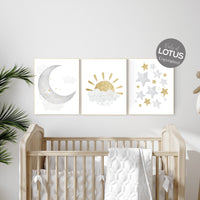Nursery wall art grey, gray gold nursery, rainbow nursery, nursery decor neutral, baby room decor gender neutral, moon and stars, grey gold