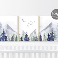 Nursery decor woodland, mountain wall art, tree nursery decor, adventure theme nursery, forest, navy and olive green, woods nursery