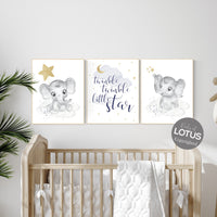 Nursery decor elephant, navy gold nursery decor, twinkle twinkle little star, moon and stars, elephant nursery, twinkle twinkle little star