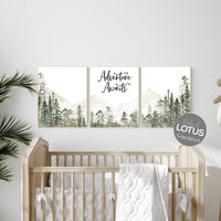 Nursery decor woodland, mountain wall art, tree nursery decor, adventure theme nursery, forest, sage green, beige, woodland nursery boy