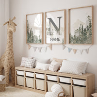 Nursery decor mountain, nursery wall art, tree nursery decor, adventure theme nursery, forest, sage green, beige, woodland animals