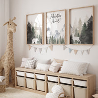Nursery decor woodland, mountain wall art, tree nursery decor, adventure theme nursery, forest, sage green, beige, woodland animals