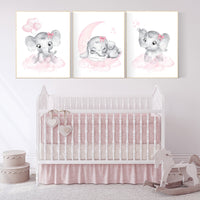 Nursery wall art girl elephant, pink and grey, nursery decor girl pink, moon, stars, nursery prints, baby room decor, girl nursery, animals