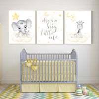 Nursery decor neutral, Yellow nursery, nursery wall art elephant, giraffe nursery, gender neutral, yellow and grey nursery art, baby room