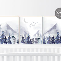 Nursery decor woodland, mountain wall art, tree nursery decor, adventure theme nursery, forest, navy blue nursery, woods nursery