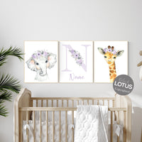 Nursery decor girl purple, animal nursery, Safari animals, Floral Nursery Prints, purple nursery, girls nursery decor, elephant nursery