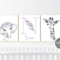 Purple nursery, girl nursery, animal nursery, Safari animals, Floral Nursery Prints, purple nursery, girls nursery decor, elephant nursery