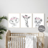 Safari Animals, girl nursery, Animals Prints, Woodland Nursery Decor, Safari Nursery Wall Art, floral animal prints, Pink Safari Animals