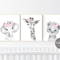 Safari Animals, girl nursery, Animals Prints, Woodland Nursery Decor, Safari Nursery Wall Art, floral animal prints, Pink Safari Animals