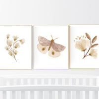 Boho nursery, flower nursery, girl nursery decor boho, neutral nursery, Boho Butterfly Floral Set, Butterfly Nursery Wall Art, Neutral