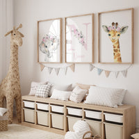 Nursery wall art animals, girl nursery decor, Safari animals, Floral Nursery Prints, pink nursery, girls nursery decor, elephant nursery