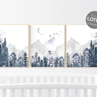 Nursery decor boy woodland, mountain wall art, tree nursery decor, adventure theme nursery, forest, navy blue, woodland nursery wall art