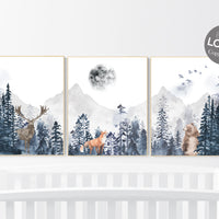 Nursery decor woodland, woodland animals, mountain wall art, tree nursery decor, adventure theme nursery, forest nursery, navy blue nursery