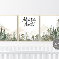 Nursery decor woodland, mountain wall art, tree nursery decor, adventure theme nursery, forest, sage green, beige, woodland nursery boy