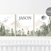 Nursery decor mountain, nursery wall art, tree nursery decor, adventure theme nursery, forest, sage green, beige, woodland animals