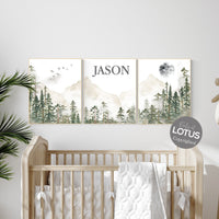 Nursery decor mountain, nursery wall art, tree nursery decor, adventure theme nursery, forest, sage green, beige, woodland animals