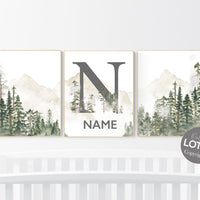 Nursery decor mountain, nursery wall art, tree nursery decor, adventure theme nursery, forest, sage green, beige, woodland animals
