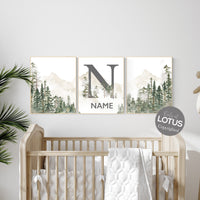 Nursery decor mountain, nursery wall art, tree nursery decor, adventure theme nursery, forest, sage green, beige, woodland animals