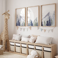 Nursery decor woodland, mountain wall art, tree nursery decor, adventure theme nursery, forest, navy and olive green, woods nursery