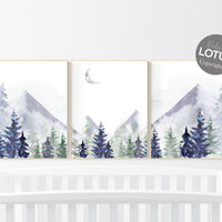 Nursery decor woodland, mountain wall art, tree nursery decor, adventure theme nursery, forest, navy and olive green, woods nursery