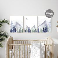 Nursery decor woodland, mountain wall art, tree nursery decor, adventure theme nursery, forest, navy and olive green, woods nursery