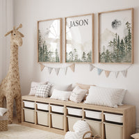 Nursery decor mountain, nursery wall art, tree nursery decor, adventure theme nursery, forest, sage green, beige, woodland animals