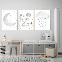 Nursery wall art grey, gray nursery, nursery decor neutral, baby room decor gender neutral, moon and stars, grey nursery decor baby room art