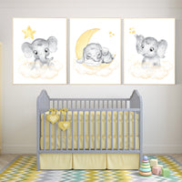 Nursery decor neutral, Yellow nursery, nursery wall art elephant, moon, stars, gender neutral, yellow and gray nursery art, baby room art
