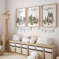 Travel nursery print, Explore nursery wall art, Baby boy nursery, Adventure Set of 3 prints, Camping Prints, Adventure Nursery Decor
