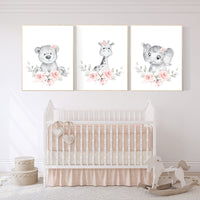 Blush nursery, Floral jungle animals, nursery decor girl flowers, blush pink, nursery decor girl boho, floral nursery prints, elephant, bear