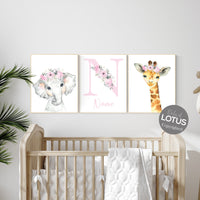 Nursery wall art animals, girl nursery decor, Safari animals, Floral Nursery Prints, pink nursery, girls nursery decor, elephant nursery