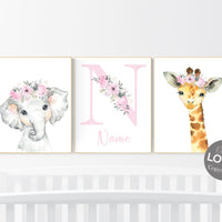 Nursery wall art animals, girl nursery decor, Safari animals, Floral Nursery Prints, pink nursery, girls nursery decor, elephant nursery