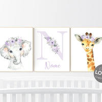 Nursery decor girl purple, animal nursery, Safari animals, Floral Nursery Prints, purple nursery, girls nursery decor, elephant nursery