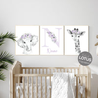 Purple nursery, girl nursery, animal nursery, Safari animals, Floral Nursery Prints, purple nursery, girls nursery decor, elephant nursery