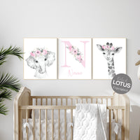 Girl nursery decor, Nursery wall art animals, Safari animals, Floral Nursery Prints, pink nursery, girls nursery decor, elephant nursery