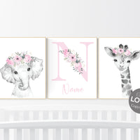 Girl nursery decor, Nursery wall art animals, Safari animals, Floral Nursery Prints, pink nursery, girls nursery decor, elephant nursery