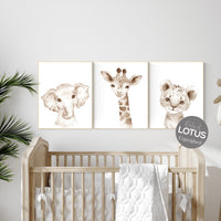Nursery wall art animals, gray nursery, gender neutral nursery, neutral nursery, baby room decor, elephant, giraffe, animal prints