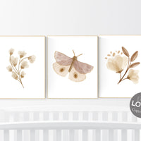 Boho nursery, flower nursery, girl nursery decor boho, neutral nursery, Boho Butterfly Floral Set, Butterfly Nursery Wall Art, Neutral