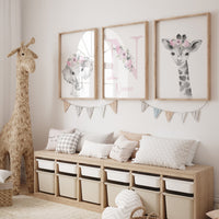 Girl nursery decor, Nursery wall art animals, Safari animals, Floral Nursery Prints, pink nursery, girls nursery decor, elephant nursery