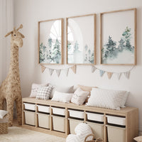 Nursery decor mountain, nursery wall art, tree nursery decor, adventure theme nursery, forest, green, beige, woodland animals