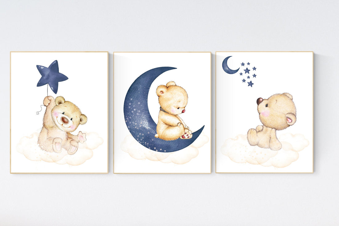Nursery decor bear, animal nursery prints, navy nursery, navy blue nursery, baby room wall art, woodland animal prints, teddy bear nursery