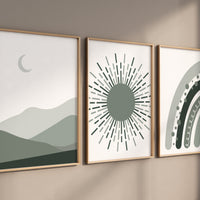 Boho Nursery, rainbow nursery, sage green nursery, Mid Century Print, Nursery decor gender neutral, moon nursery, Abstract Art, sun nursery