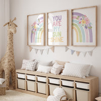 Nursery prints rainbow, girl nursery, pastel nursery, Nursery decor girl, nursery wall art, you are my sunshine, flower nursery, boho prints