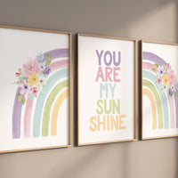 Nursery prints rainbow, girl nursery, pastel nursery, Nursery decor girl, nursery wall art, you are my sunshine, flower nursery, boho prints
